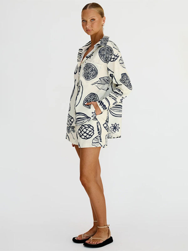 Women's New Casual Premium Fruit Print Shorts Cardigan Set - Fashionpara