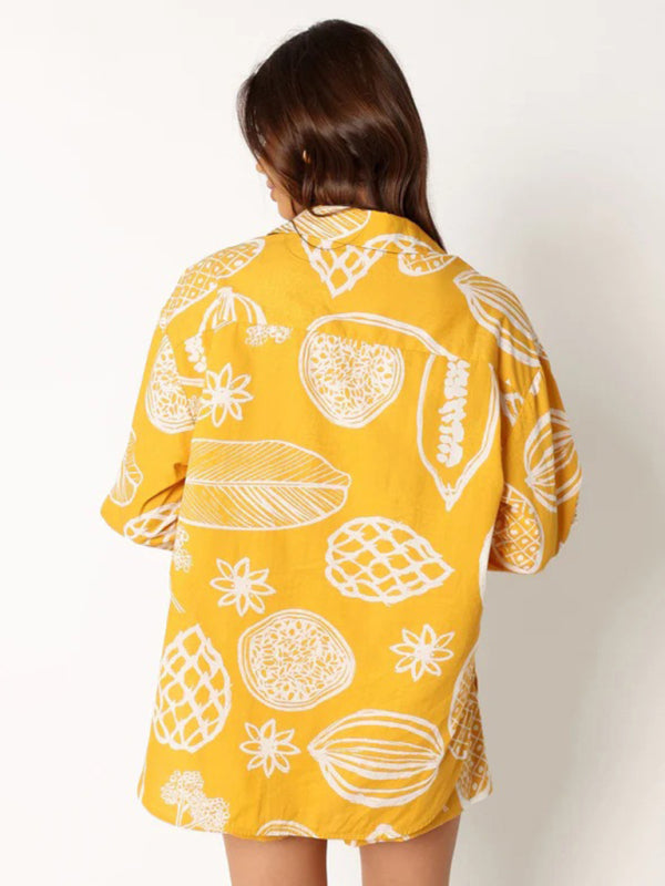 Women's New Casual Premium Fruit Print Shorts Cardigan Set - Fashionpara
