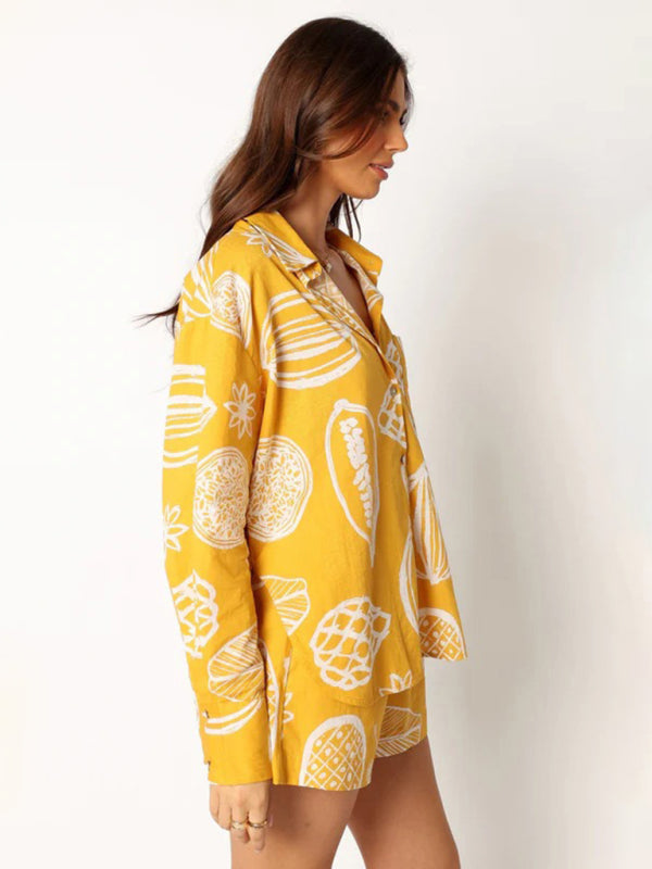 Women's New Casual Premium Fruit Print Shorts Cardigan Set - Fashionpara
