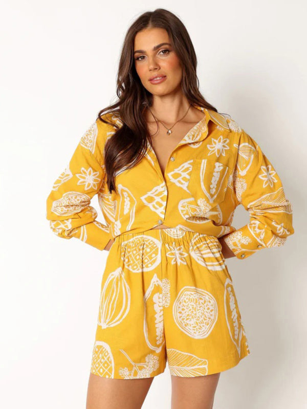 Women's New Casual Premium Fruit Print Shorts Cardigan Set - Fashionpara