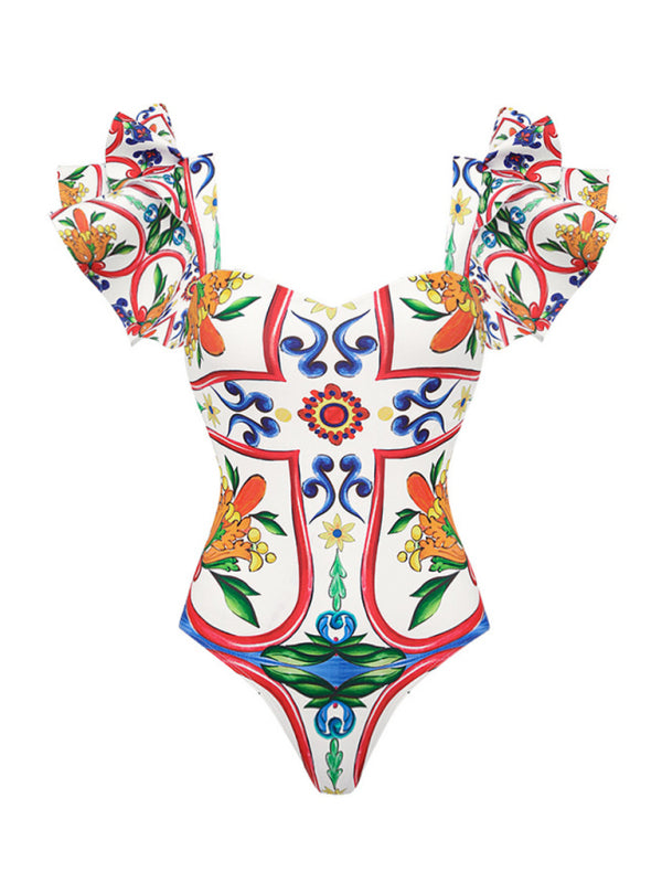 Women's new ruffled enamel print beach vacation one-piece swimsuit - Fashionpara