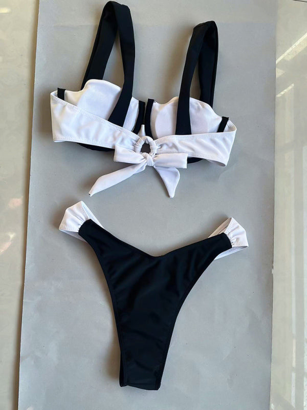 Women's black and white color matching beach strap suspender sexy two piece bikini - Fashionpara