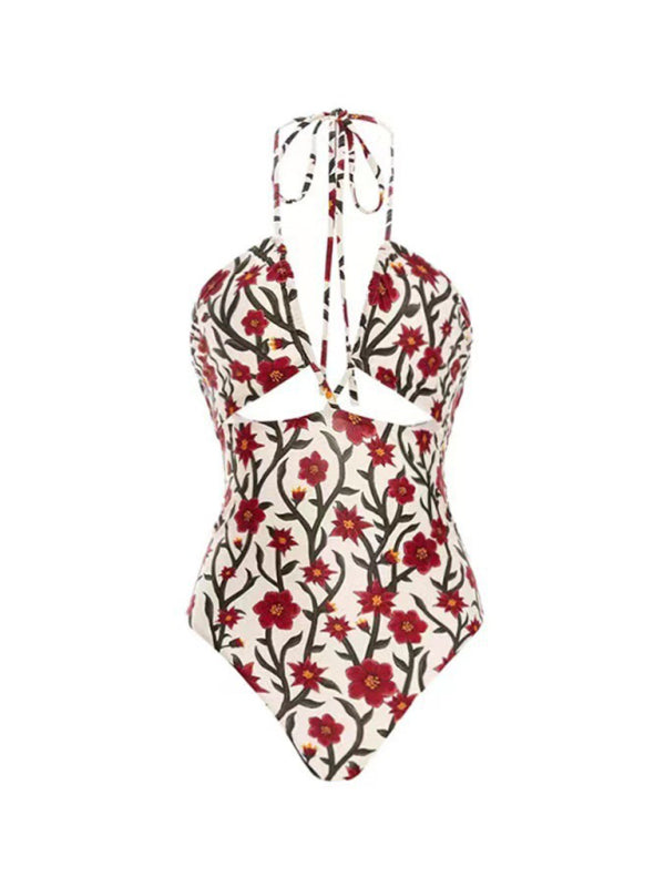 Women's new style hollow lace halterneck hip-covering gauze skirt one-piece swimsuit - Fashionpara