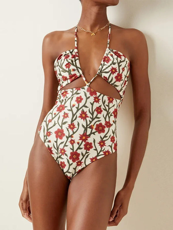 Women's new style hollow lace halterneck hip-covering gauze skirt one-piece swimsuit - Fashionpara