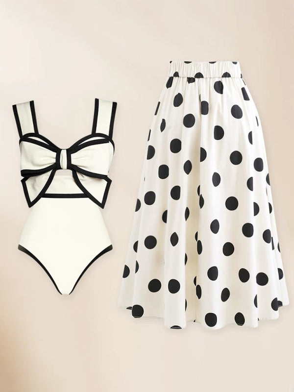 New fashionable vacation sexy bow one-piece swimsuit + polka dot print skirt (single piece) - Fashionpara