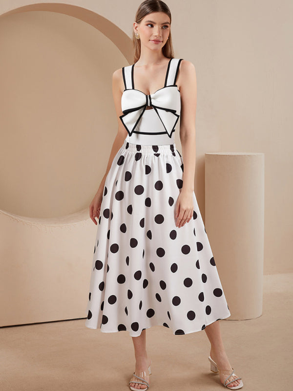 New fashionable vacation sexy bow one-piece swimsuit + polka dot print skirt (single piece) - Fashionpara