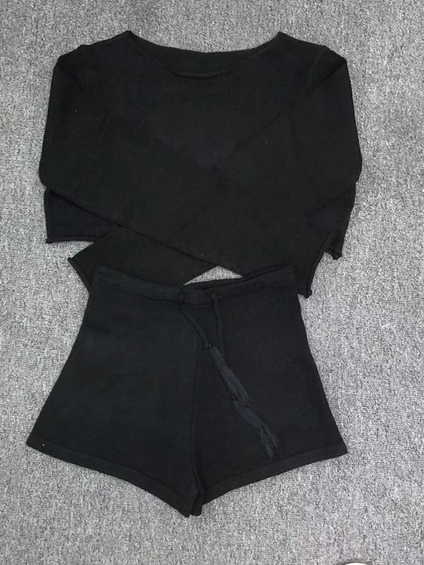 Women's resort casual striped knitted midriff-baring sexy shorts set - Fashionpara
