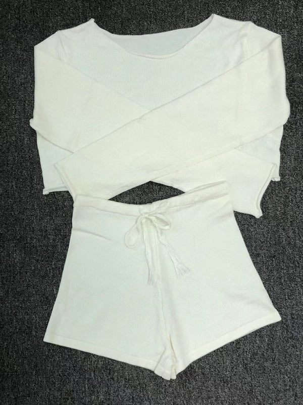 Women's resort casual striped knitted midriff-baring sexy shorts set - Fashionpara