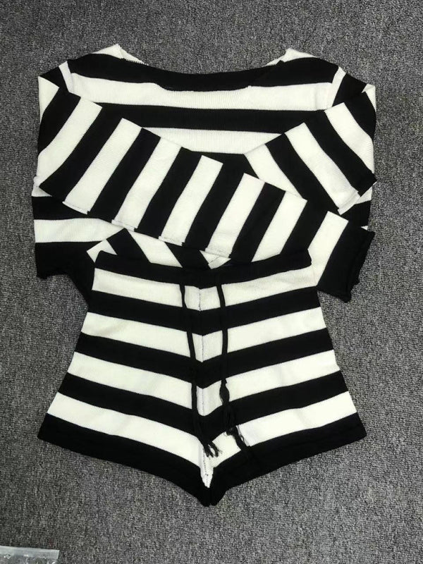 Women's resort casual striped knitted midriff-baring sexy shorts set - Fashionpara