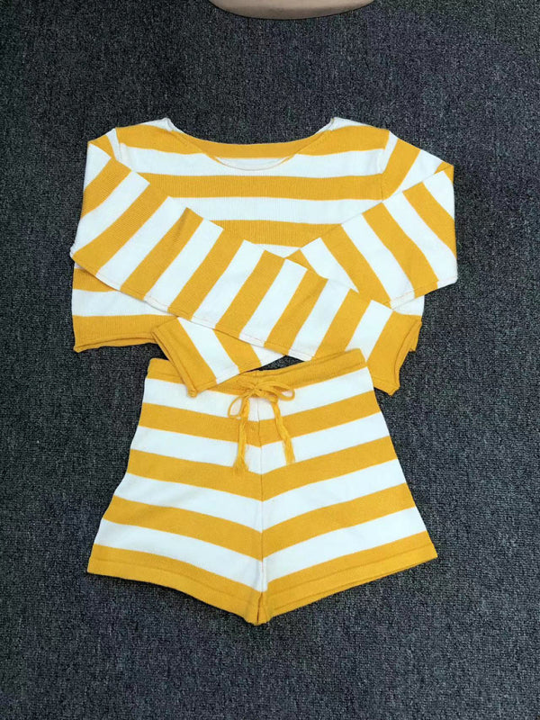 Women's resort casual striped knitted midriff-baring sexy shorts set - Fashionpara