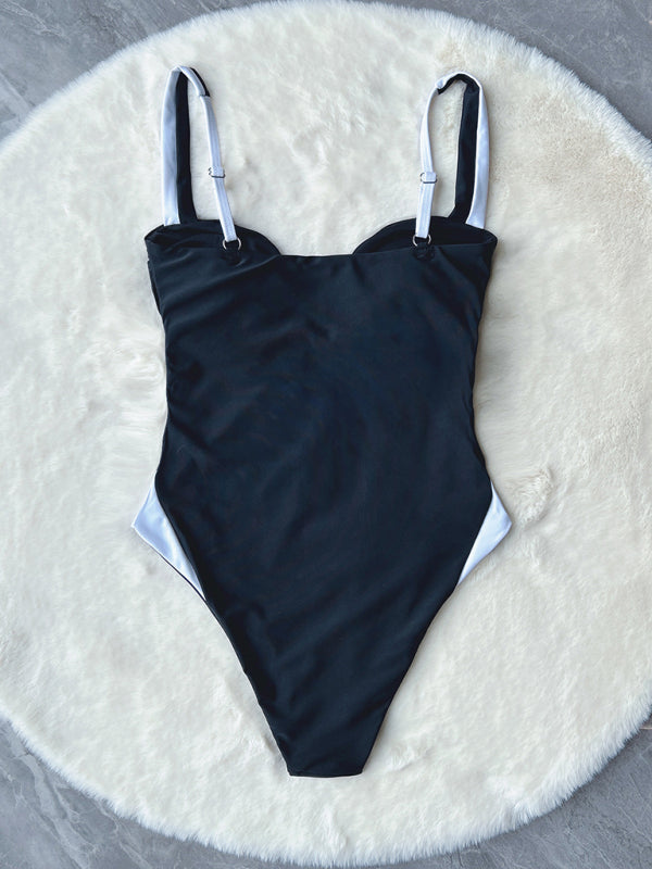 New bikini deep V stitching contrast color one-piece swimsuit - Fashionpara