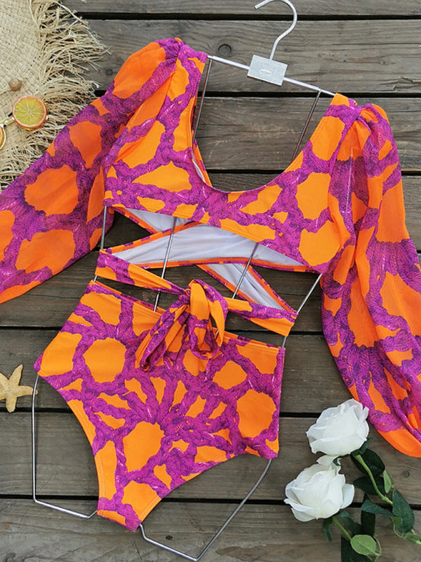 New stylish and sexy printed vacation long-sleeved bikini three-piece set (top + pants + skirt) - Fashionpara
