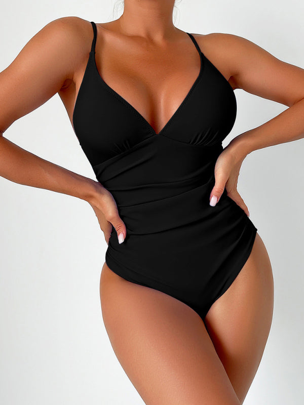 New solid color sexy deep V one-piece swimsuit - Fashionpara