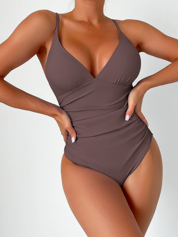 New solid color sexy deep V one-piece swimsuit - Fashionpara