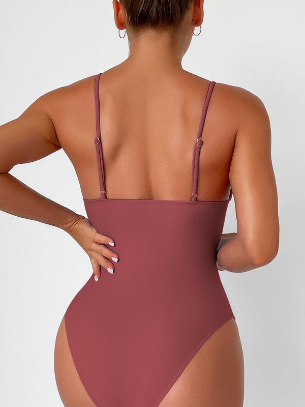 New solid color sexy deep V one-piece swimsuit - Fashionpara