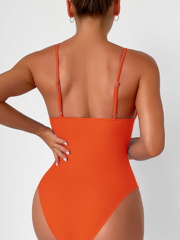 New solid color sexy deep V one-piece swimsuit - Fashionpara