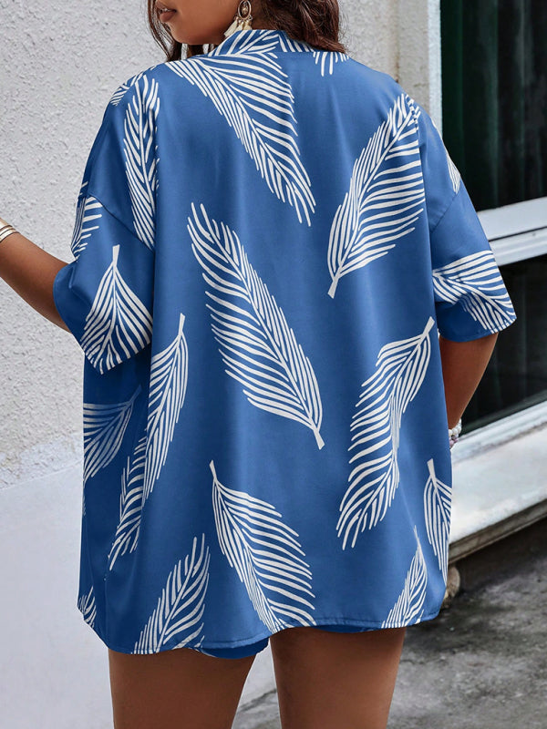 Fashionable printed casual resort style cardigan shorts suit - Fashionpara