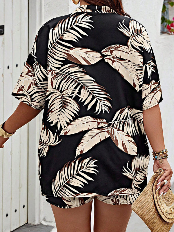 Fashionable printed casual resort style cardigan shorts suit - Fashionpara