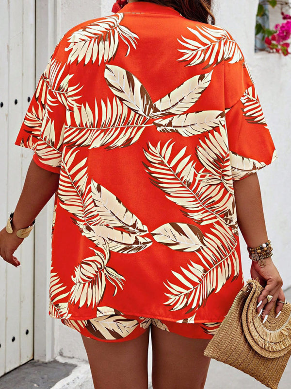 Fashionable printed casual resort style cardigan shorts suit - Fashionpara
