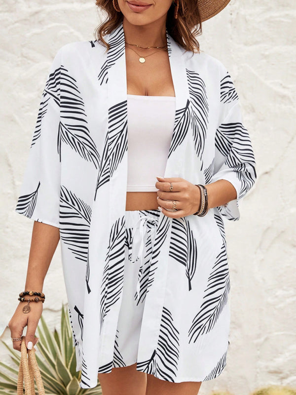 Fashionable printed casual resort style cardigan shorts suit - Fashionpara