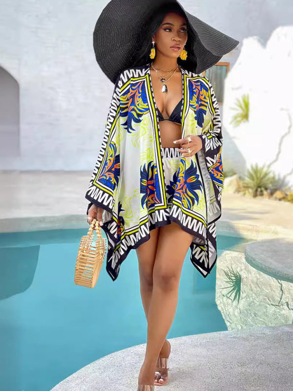 Women's casual printed cardigan shorts two-piece set - Fashionpara