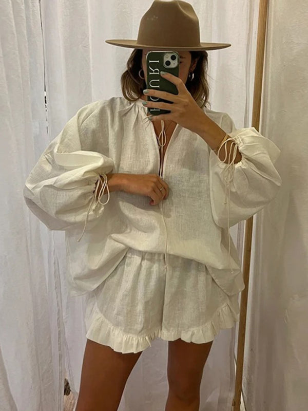 Women's casual V-neck lace-up shorts suit - Fashionpara