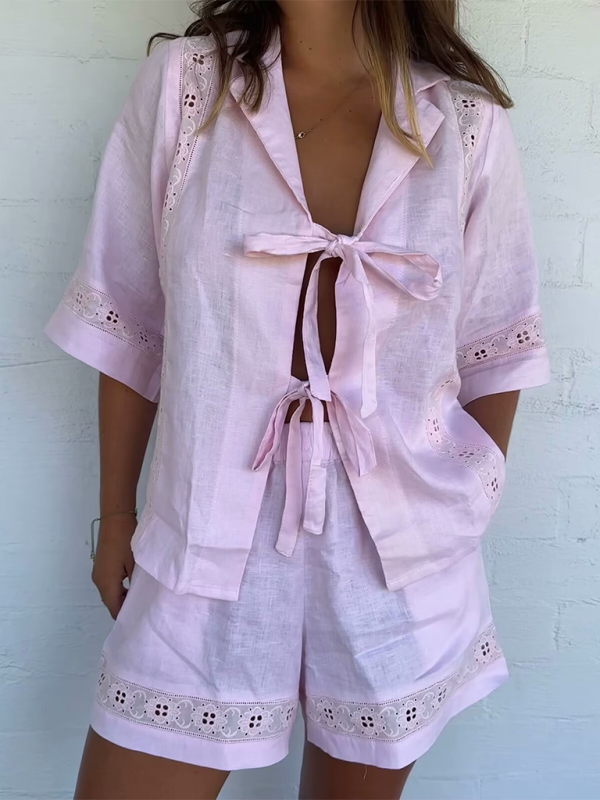 Women's strappy hollow short-sleeved top + shorts set - Fashionpara