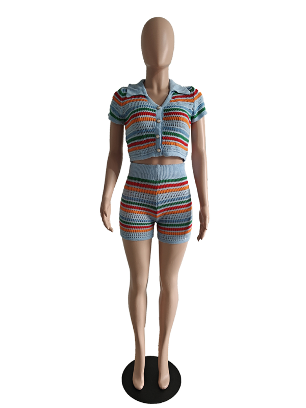 New sexy knitted contrasting color short-sleeved shorts casual two-piece set - Fashionpara