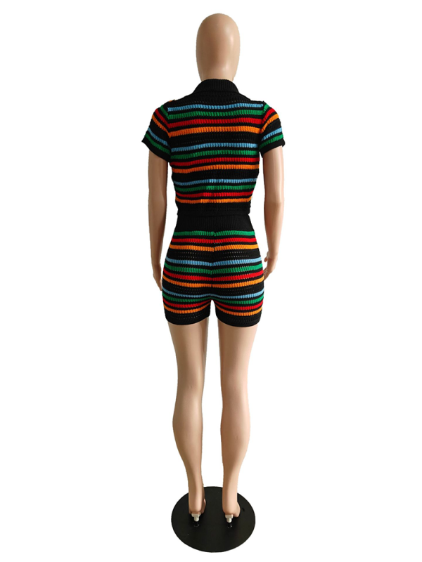 New sexy knitted contrasting color short-sleeved shorts casual two-piece set - Fashionpara