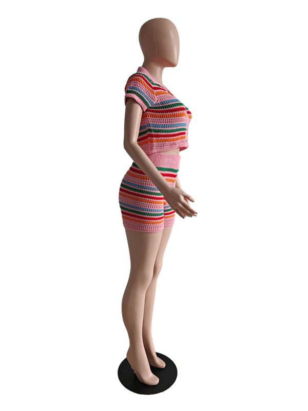New sexy knitted contrasting color short-sleeved shorts casual two-piece set - Fashionpara