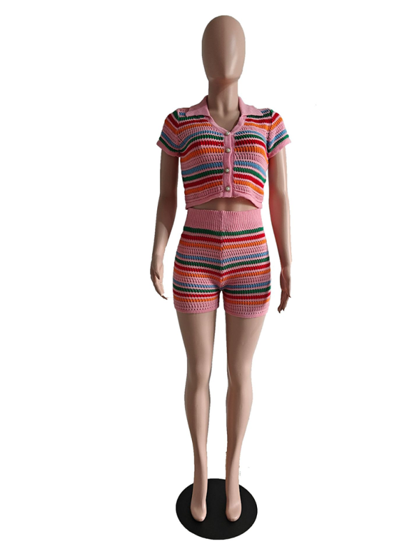 New sexy knitted contrasting color short-sleeved shorts casual two-piece set - Fashionpara