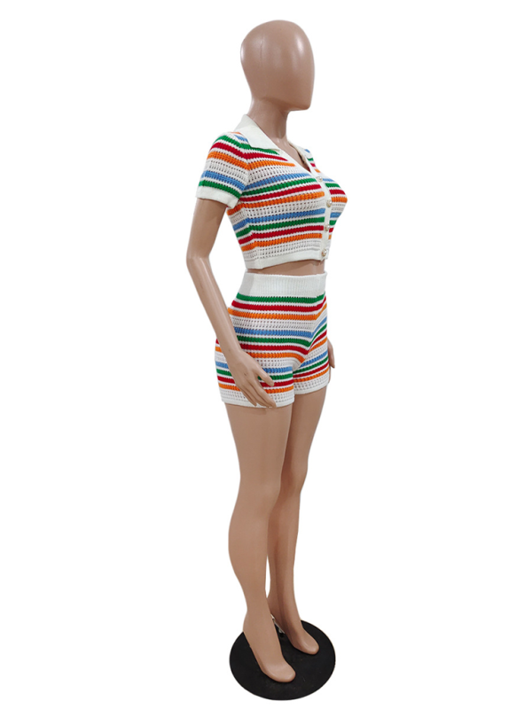New sexy knitted contrasting color short-sleeved shorts casual two-piece set - Fashionpara