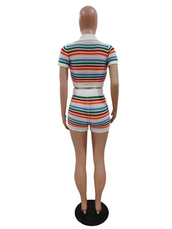 New sexy knitted contrasting color short-sleeved shorts casual two-piece set - Fashionpara