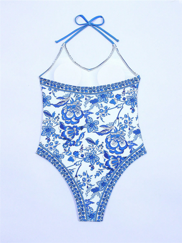 New women's one-piece blue and white porcelain print slim fit swimsuit - Fashionpara