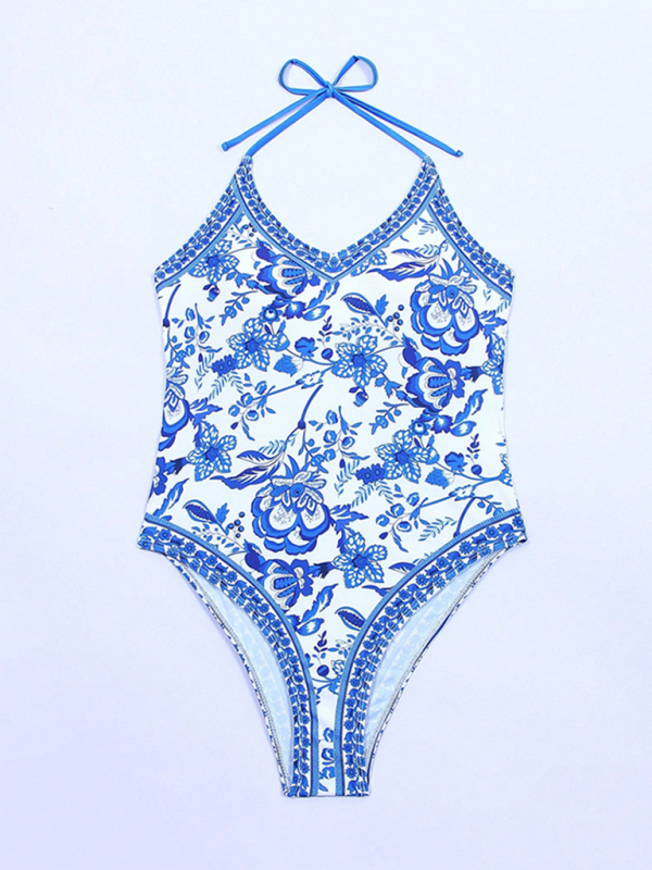 New women's one-piece blue and white porcelain print slim fit swimsuit - Fashionpara