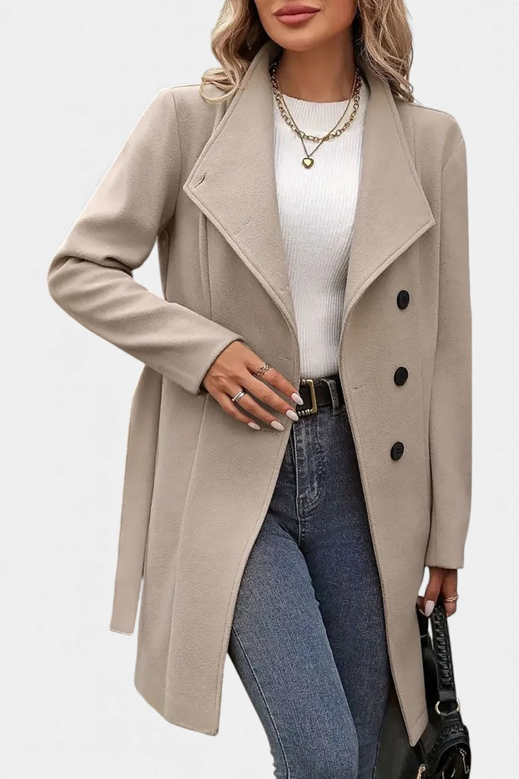 Stand Collar Asymmetric Button Belted Coat 4