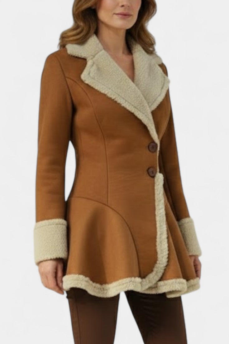 Faux Shearling Notch Collar Button Front Peplum Coat 2