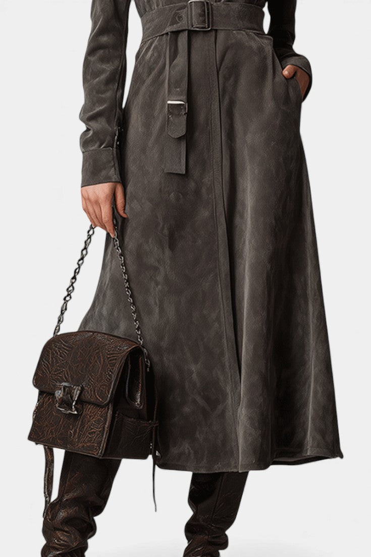 Faux Suede Stand Collar Belted Longline Coat 3