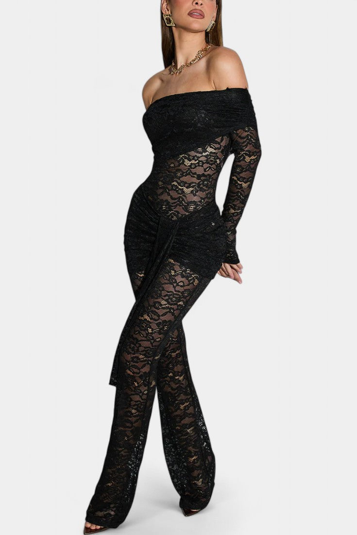 Off Shoulder Long Sleeve Sheer Lace Flared Jumpsuit 2