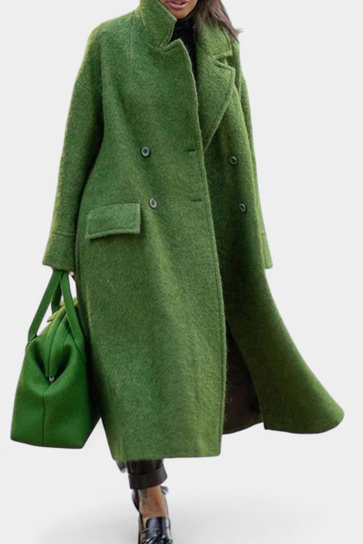 Double Breasted Stand Collar Longline Wool Look Coat