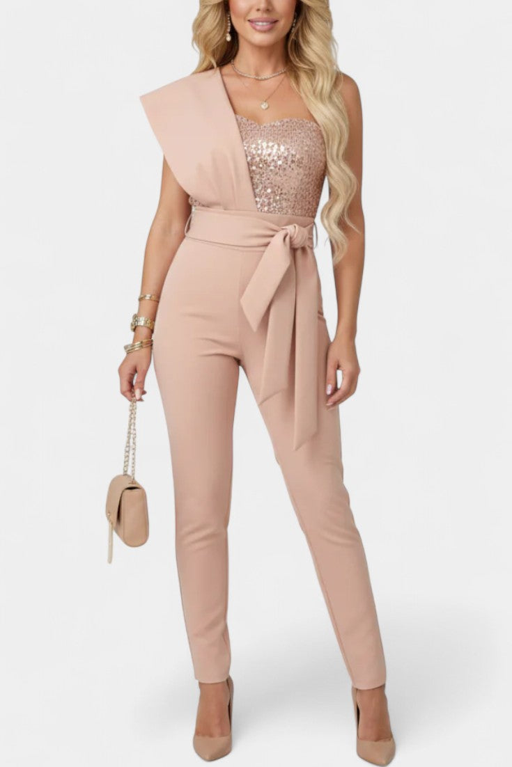 One Shoulder Ombre Sequin Belted Tapered Jumpsuit 3