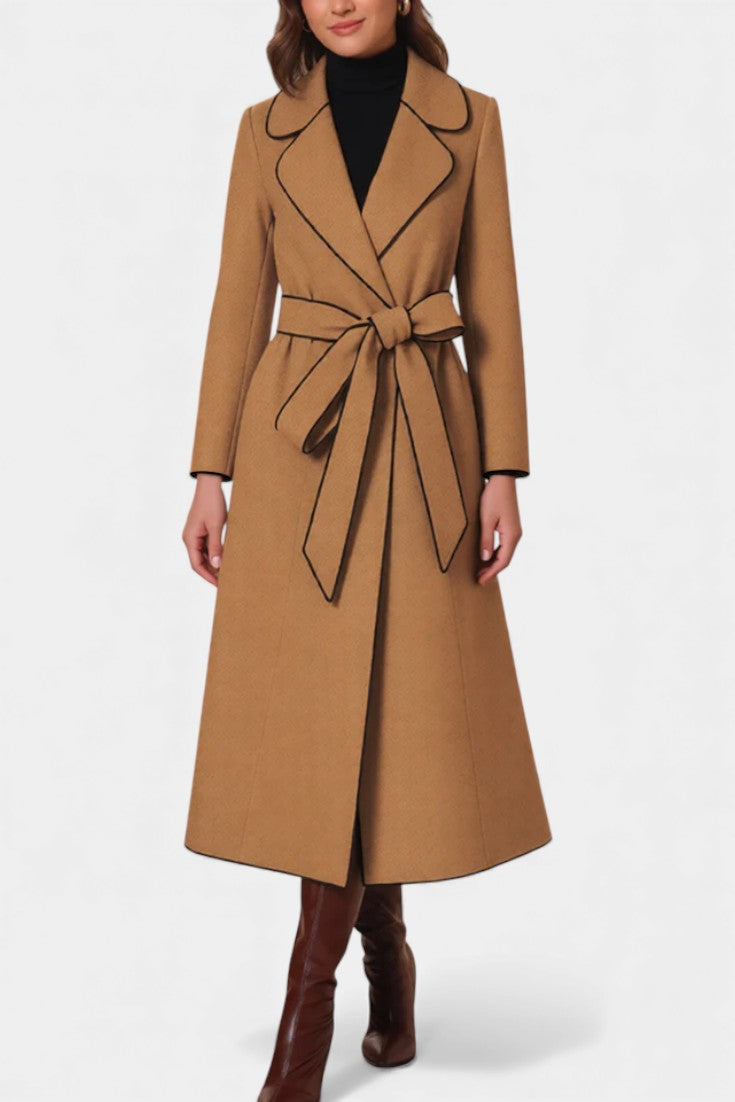 Contrast Trim Belted Longline Coat 2