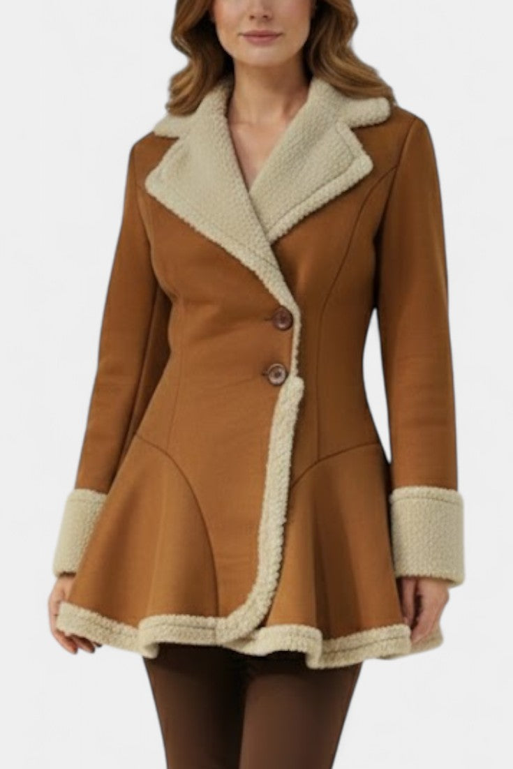 Faux Shearling Notch Collar Button Front Peplum Coat 3