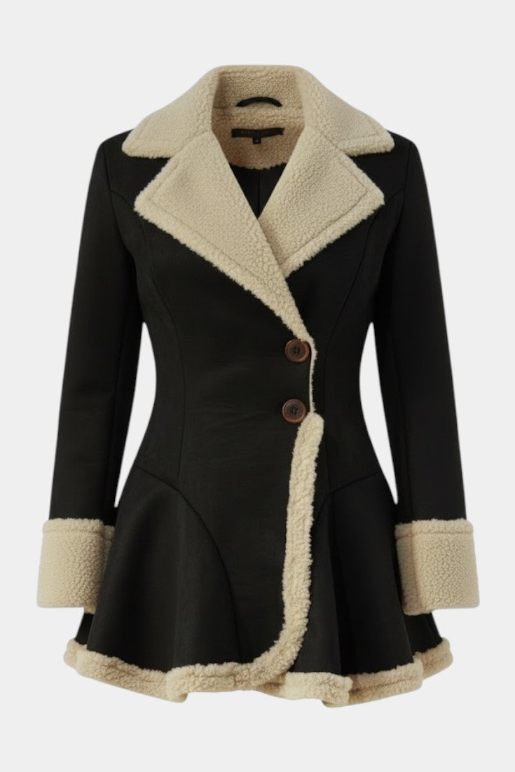 Faux Shearling Notch Collar Button Front Peplum Coat 6