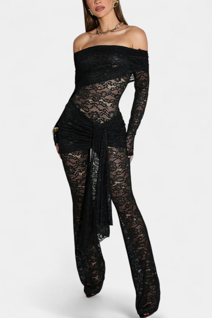 Off Shoulder Long Sleeve Sheer Lace Flared Jumpsuit
