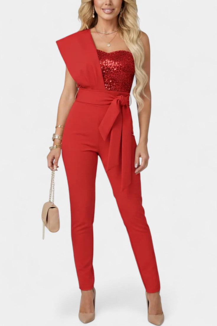 One Shoulder Ombre Sequin Belted Tapered Jumpsuit 2