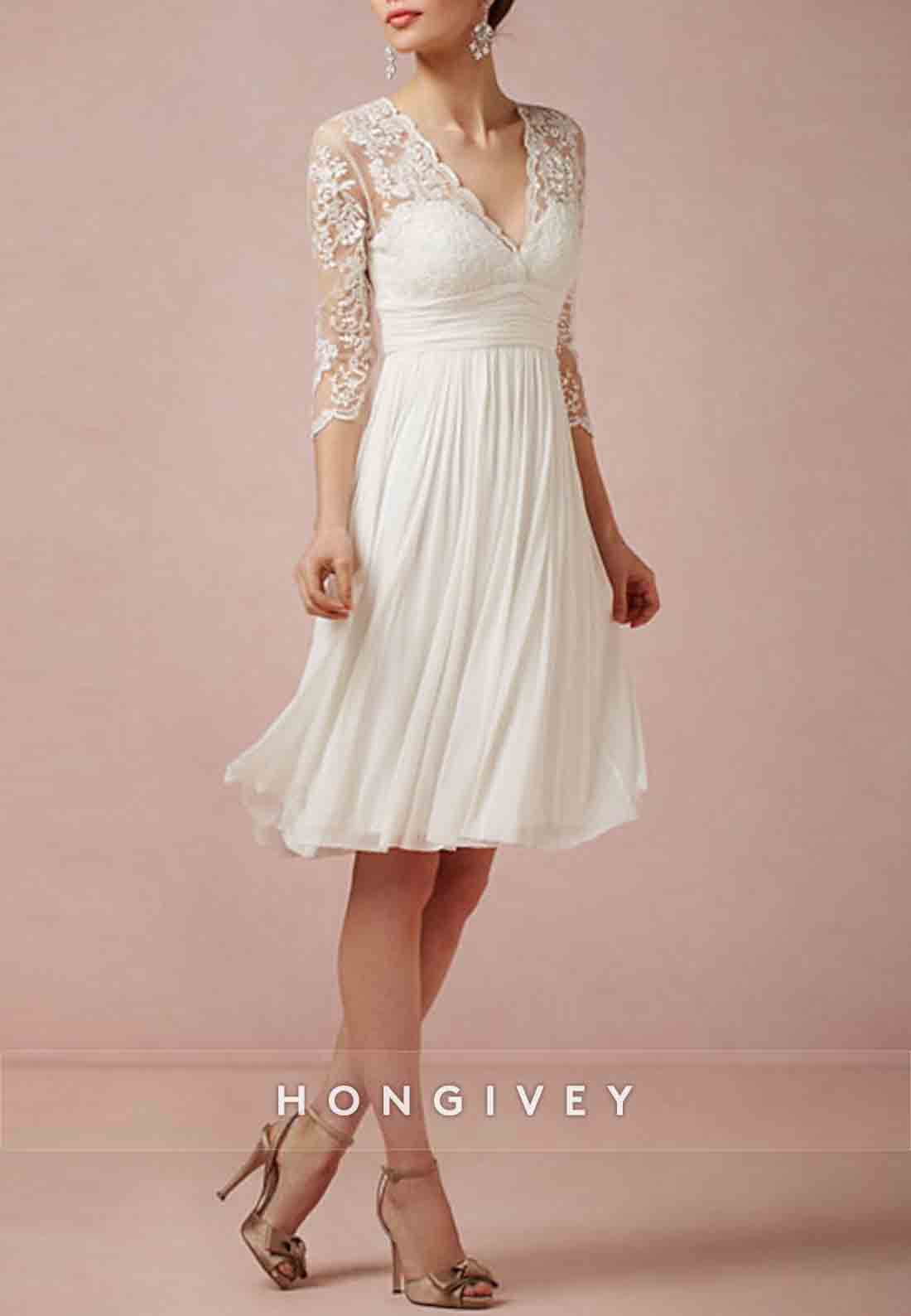 Scalloped Neck Knee Length Beach A-Line Lace 3/4sleeves Beach Wedding Dresses