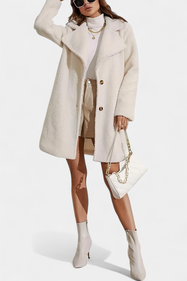 Faux Shearling Lapel Button Front Longline Coat