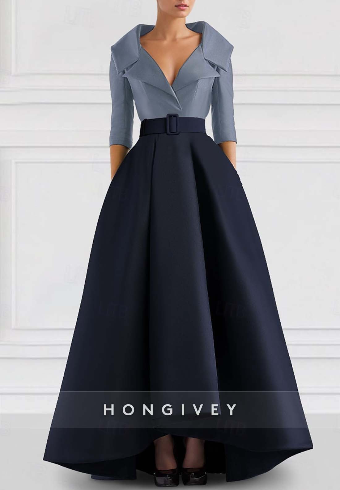 A-line Asymmetrical Evening Gown V Neck Half Sleeve Pockets Pleated Waistband Mother of the Bride