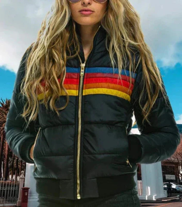 Striped Hooded Zip Front Puffer Jacket 4